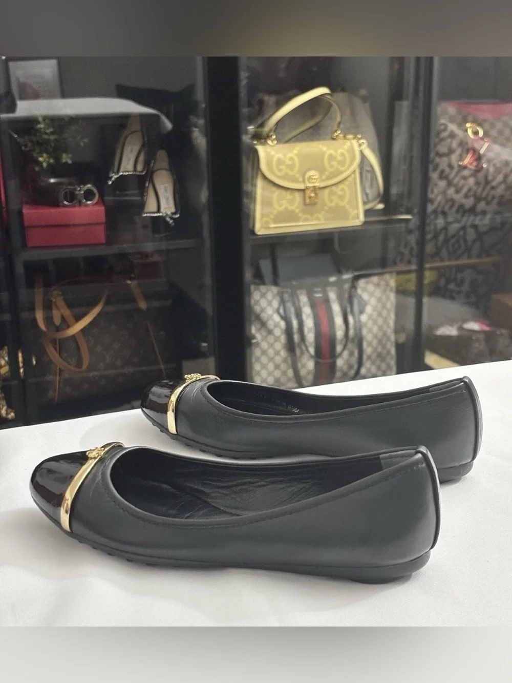 Tory Burch Pacey Black Leather Cap Toe Logo Ballerina Flats Size  6.5M.